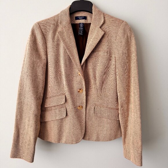 Vintage Chaps Ralph Lauren Petite Linen/Cotton Blend Houndstooth Blazer Brown - Picture 1 of 10